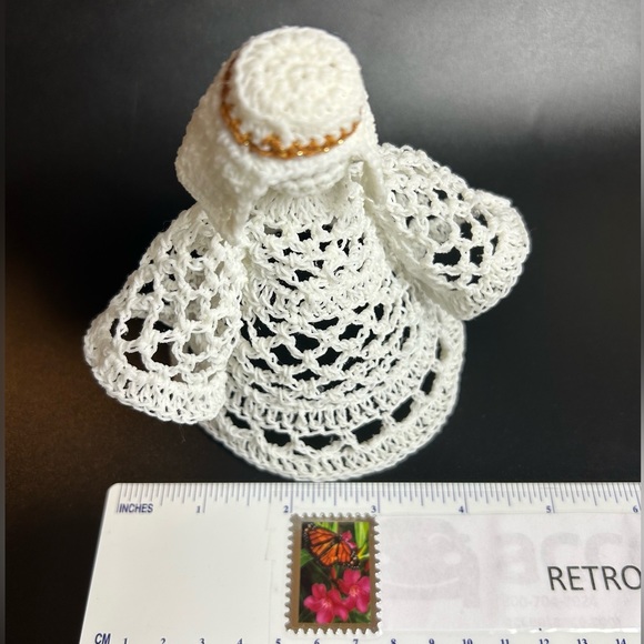 Vintage Crochet Angel Christmas Tree Topper Starched White 5” Ornament Handmade - Picture 3 of 7